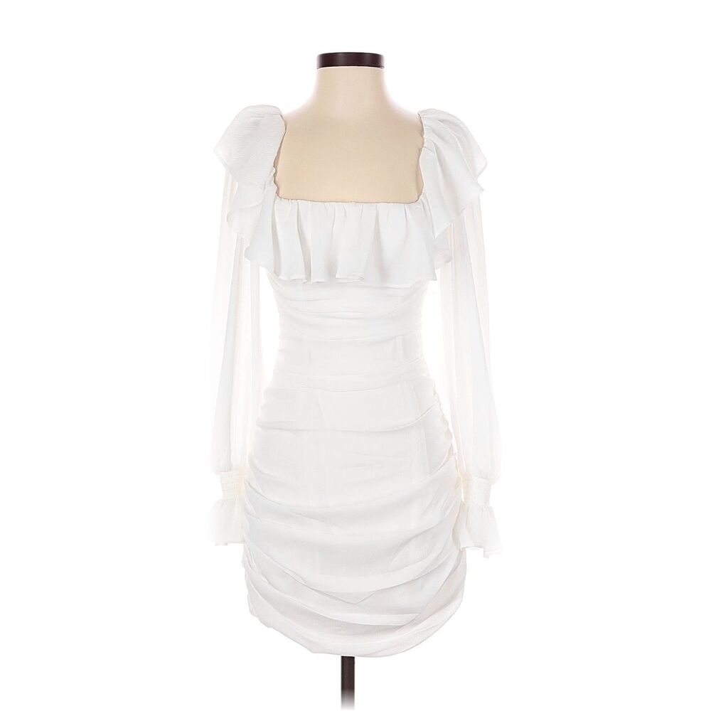 Camila Coelho White Ruched Mini Dress Sheer Sleeve Size S